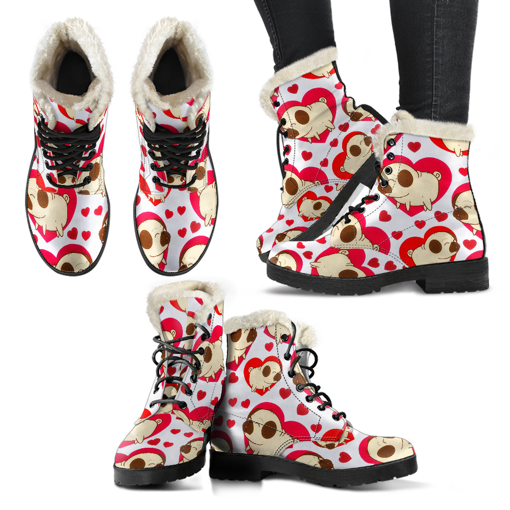 Cute Pug Hearts Womens Faux Fur Leather Boots