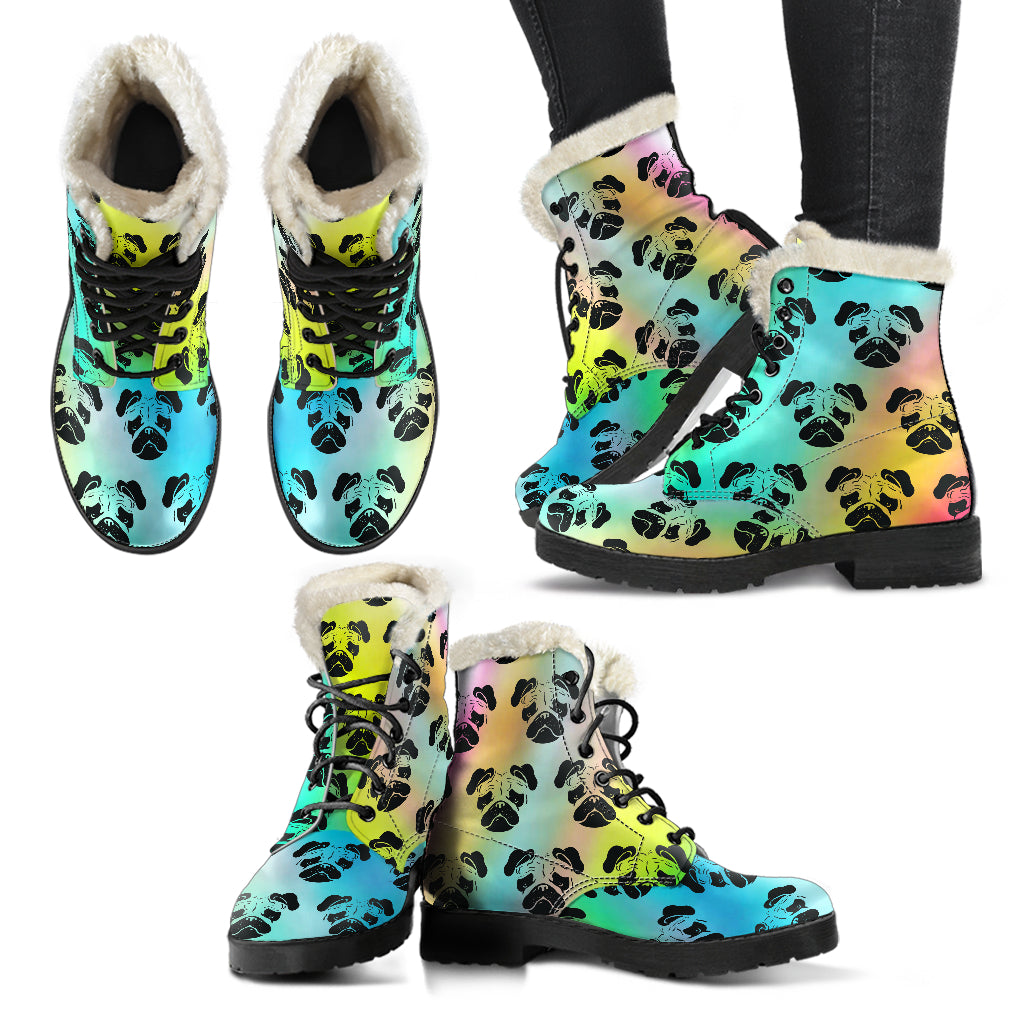 Rainbow Pug Womens Faux Fur Leather Boots