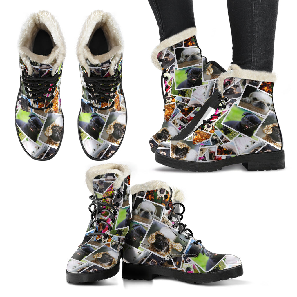 Pug Collage Womens Faux Fur Leather Boots