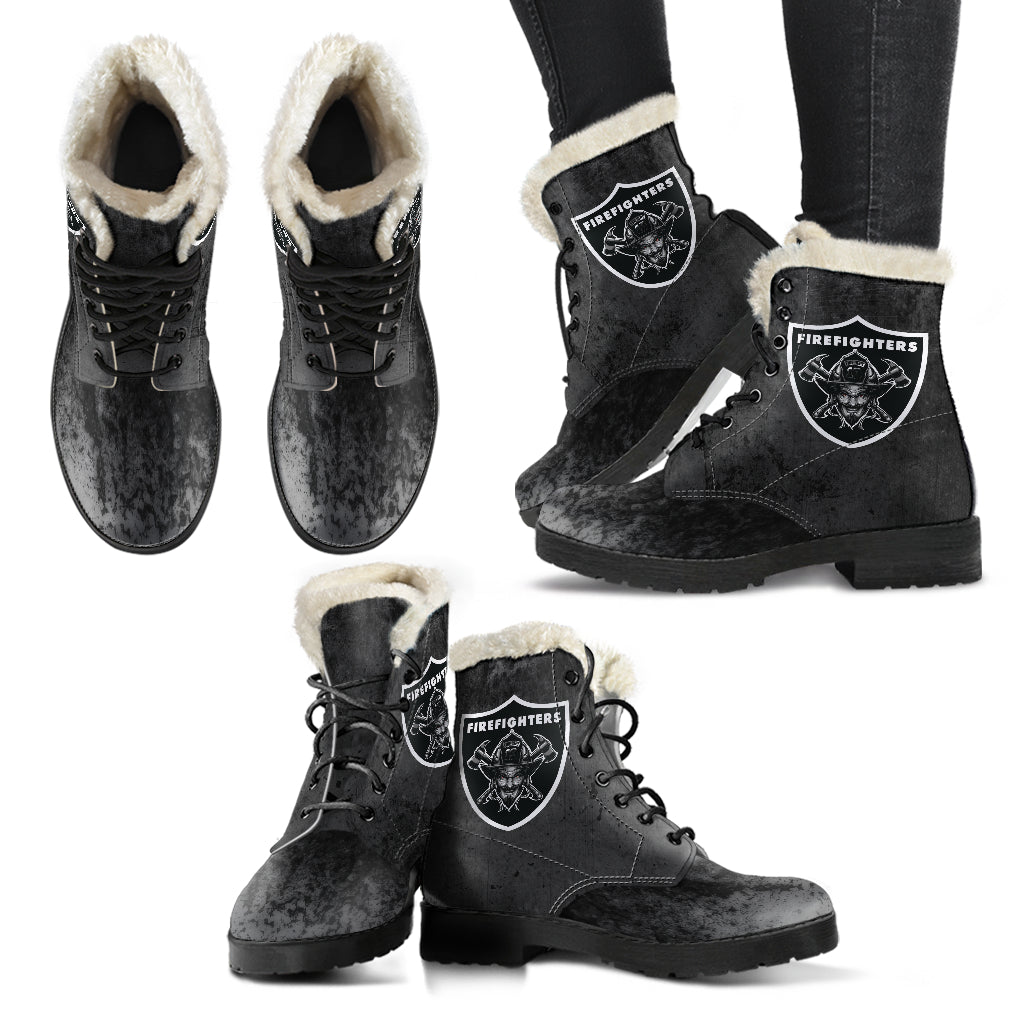 Firefighters Mens Faux Fur Leather Boots