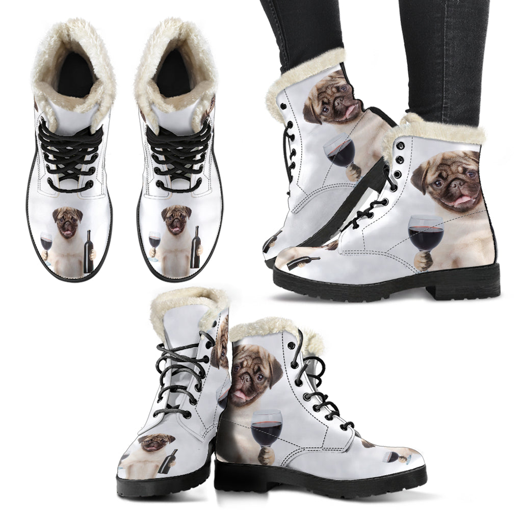 Pugs and Wine Womens Faux Fur Leather Boots