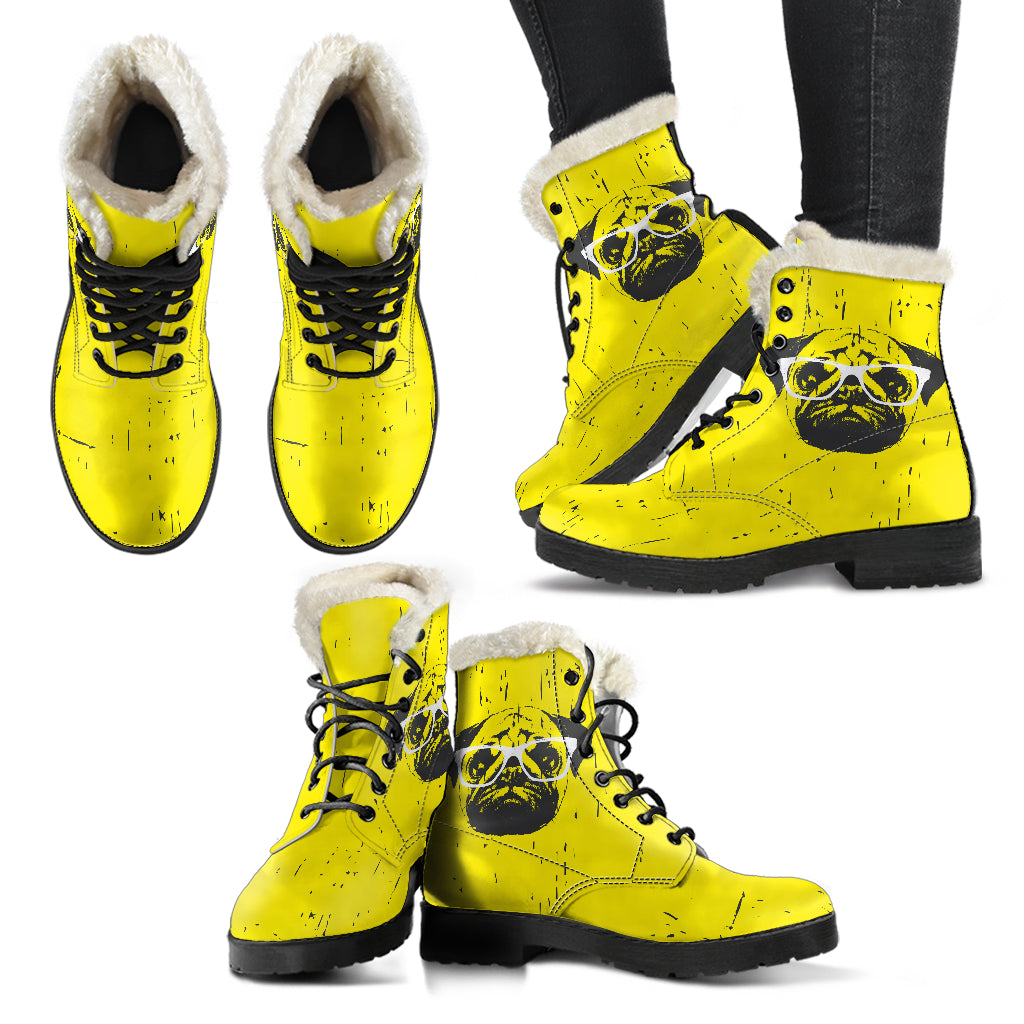 Yellow Pug Womens Faux Fur Leather Boots
