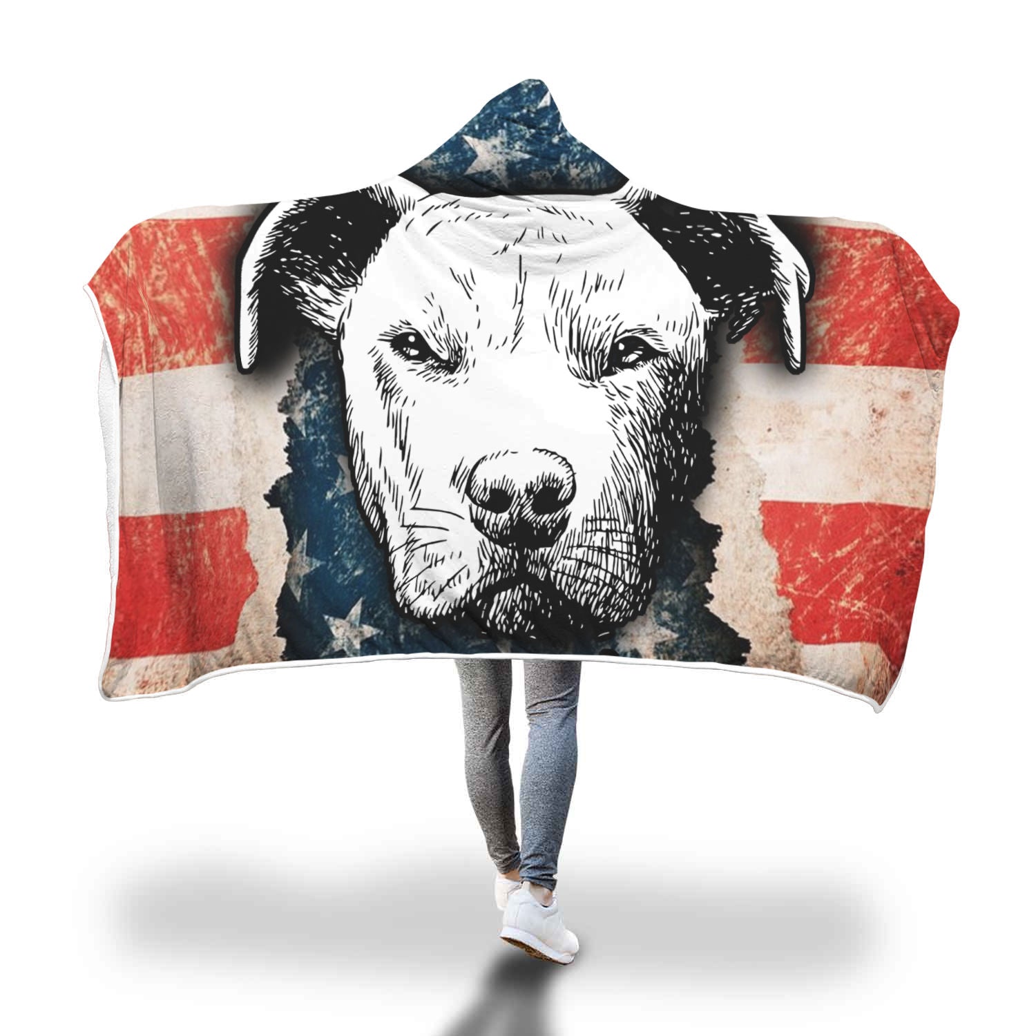 Pitbull Face American Flag Hooded Blanket