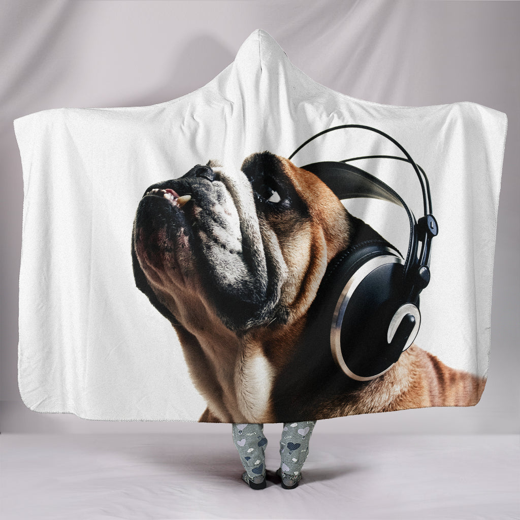 Bulldog Listening to Music Hooded Blanket