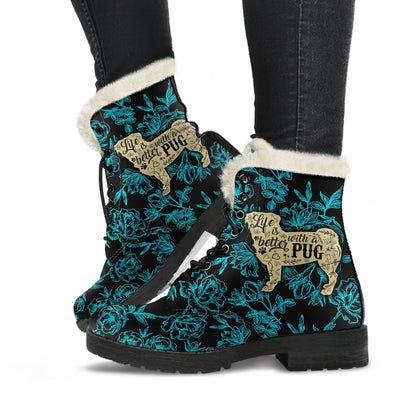 Life Is Better With A Pug Womens Faux Fur Leather Boots