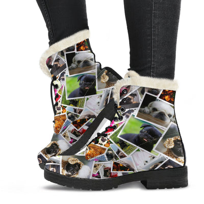 Pug Collage Womens Faux Fur Leather Boots