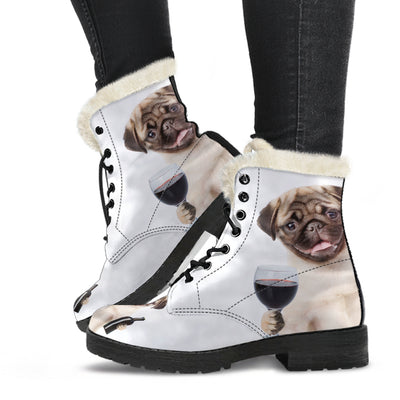 Pugs and Wine Womens Faux Fur Leather Boots
