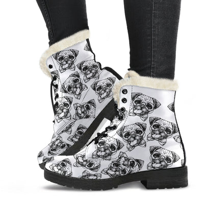 Hand Drawn Pugs Womens Faux Fur Leather Boots