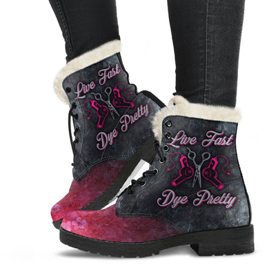 Live Fast Dye Pretty Womens Faux Fur Leather Boots