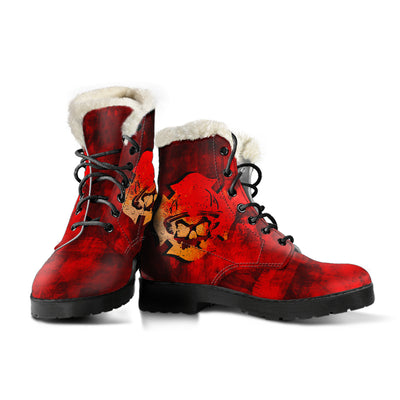 Fire Skull Womens Faux Fur Leather Boots