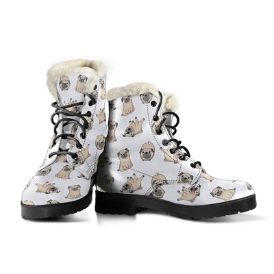 Pug Pattern Womens Faux Fur Leather Boots