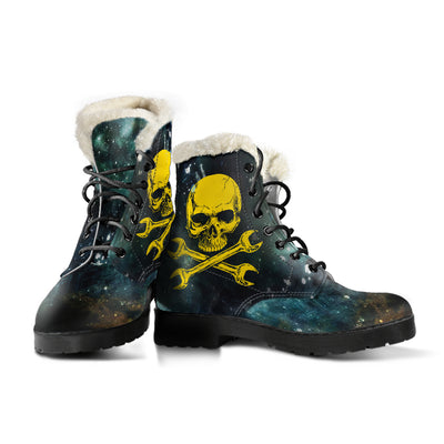 Skull Mechanic Mens Faux Fur Leather Boots