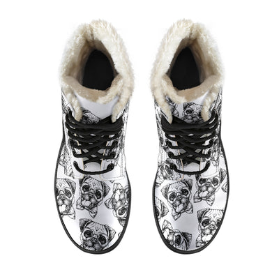 Hand Drawn Pugs Womens Faux Fur Leather Boots